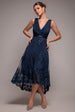 Pleated Satin Bodice High And Low Dress - Navy by Goddiva