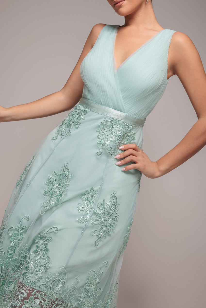 Pleated Satin Bodice High And Low Dress - Sage Green DR3337QZ