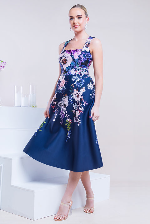 Scuba Foam Floral Midi Dress - Navy DR3341