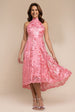 Halter Neck Lace High And Low Dress - Coral by Goddiva