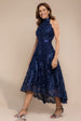 Halter Neck Lace High And Low Dress - Navy Blue by Goddiva