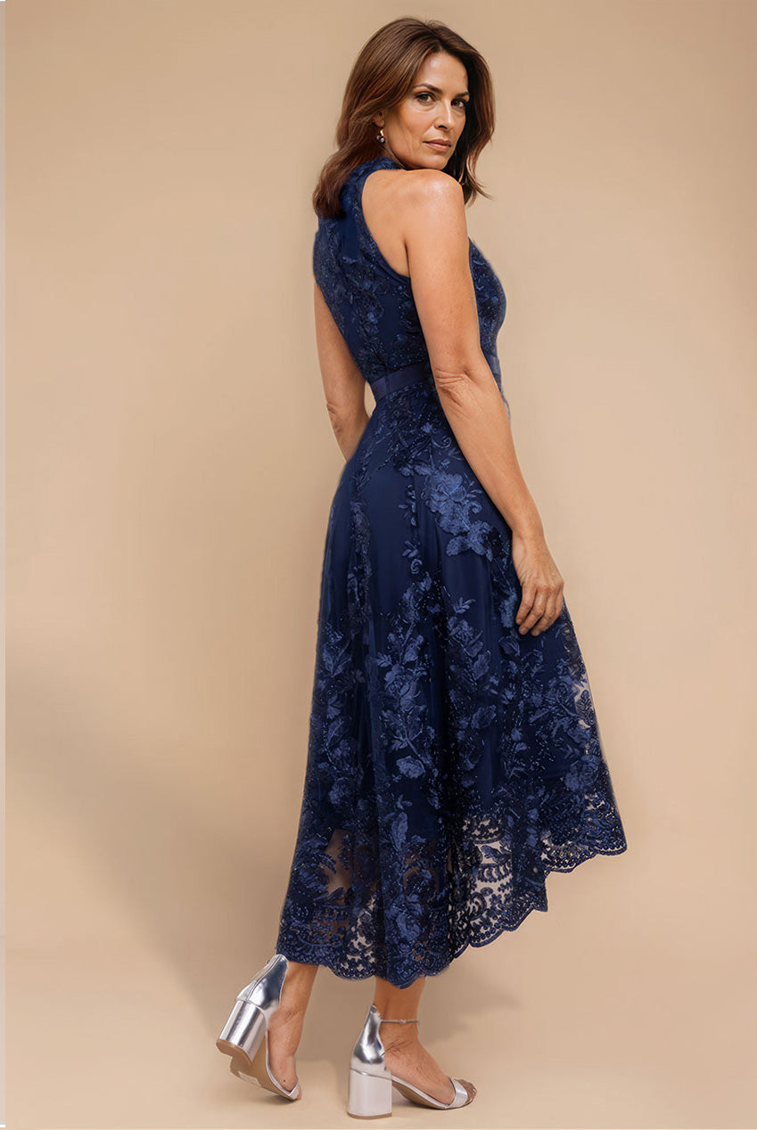 Halter Neck Lace High And Low Dress - Navy Blue DR3346M