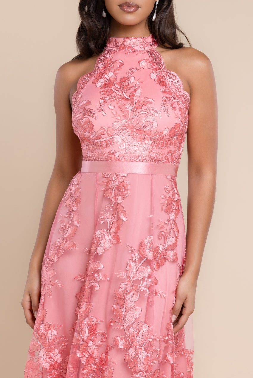 Halter Neck Lace High And Low Dress - Coral DR3346QZ