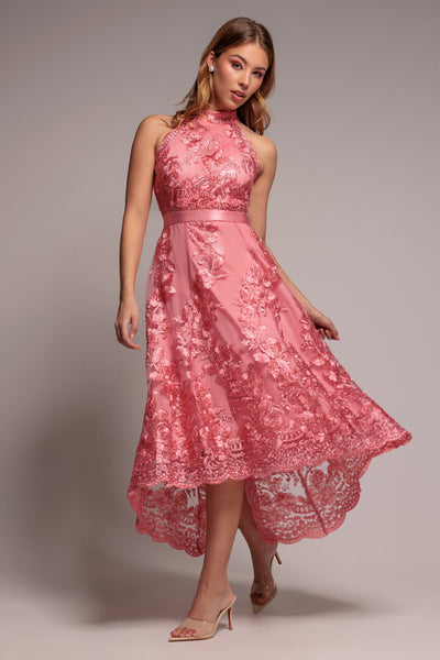 Coral - Halter Neck Lace High And Low Dress - Coral by Goddiva