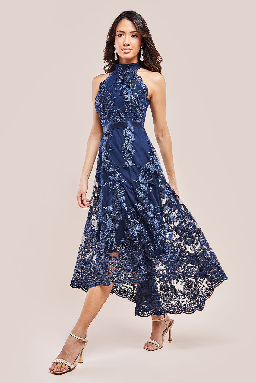 Halter Neck Lace High And Low Dress - Navy DR3346QZ