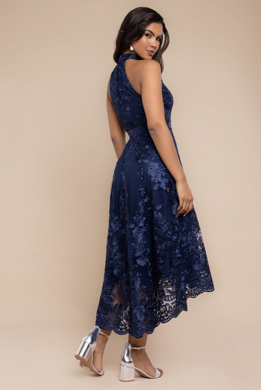 Halter Neck Lace High And Low Dress - Navy Blue DR3346QZ