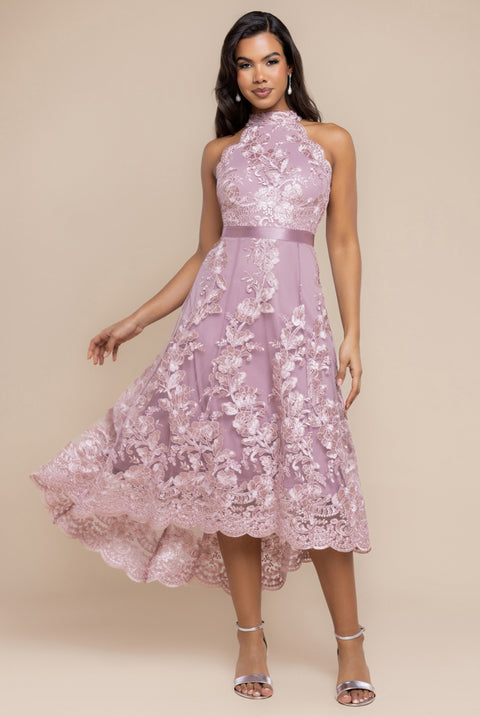 Halter Neck Lace High And Low Dress - Pink by Goddiva