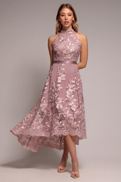 Halter Neck Lace High And Low Dress - Pink by Goddiva