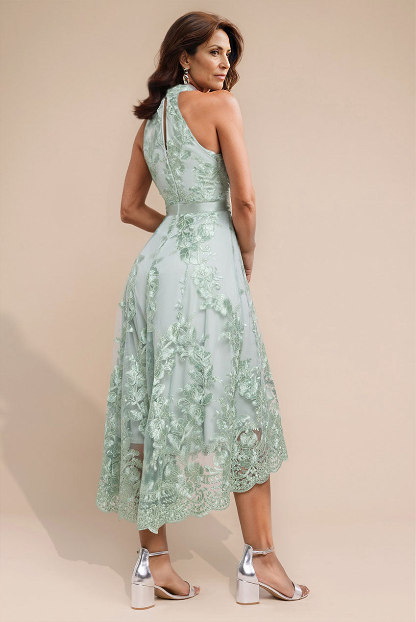 Halter Neck Lace High And Low Dress - Sage Green DR3346M