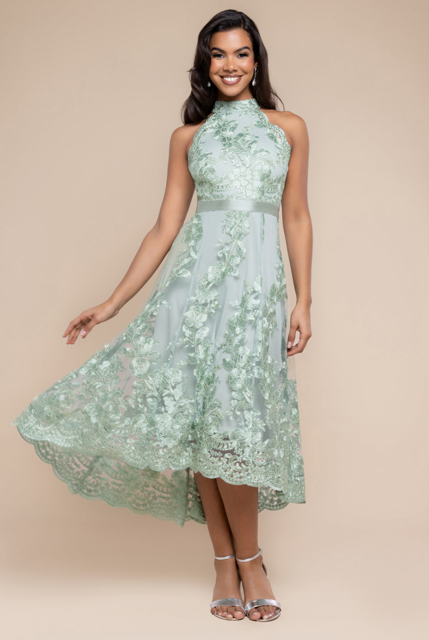 Halter Neck Lace High And Low Dress - Sage Green DR3346QZ