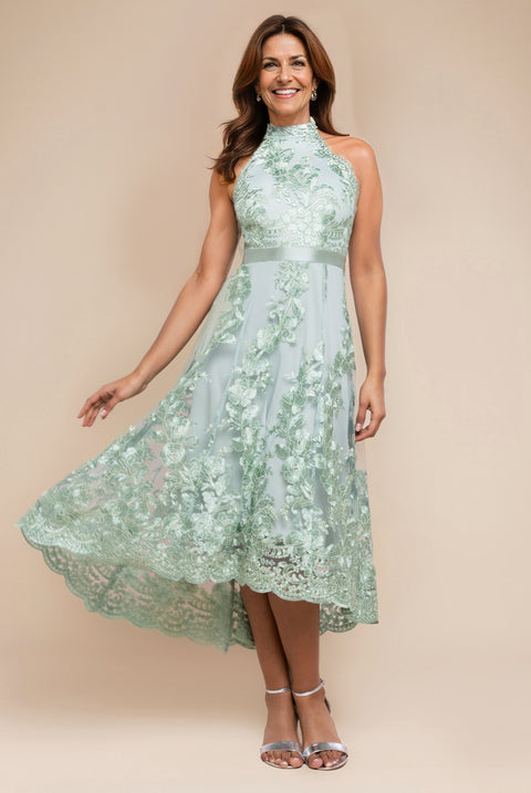 Halter Neck Lace High And Low Dress - Sage Green by Goddiva