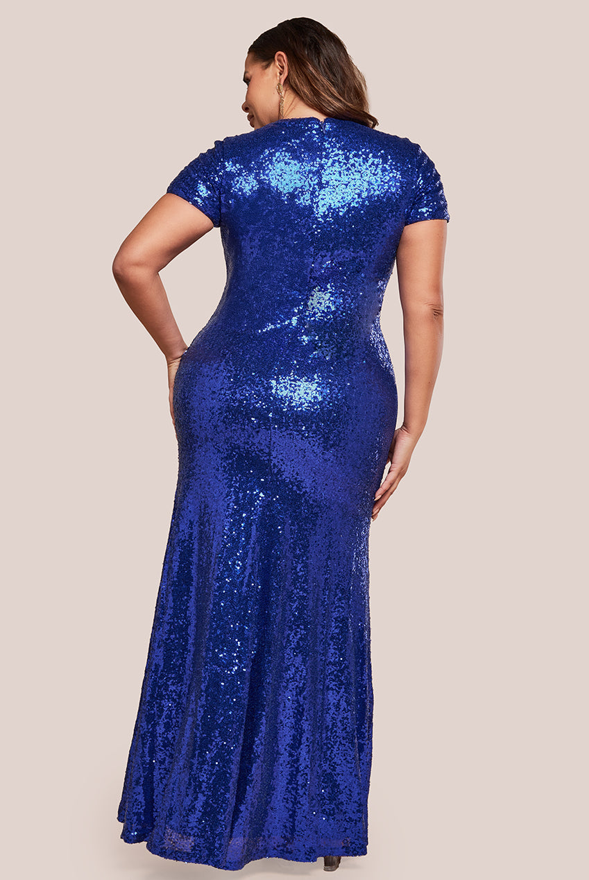 Sequin Portrait Neckline Maxi Dress - Royal Blue DR335P