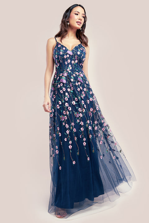 Sleeveless Floral Mesh Maxi Dress - Navy DR3404