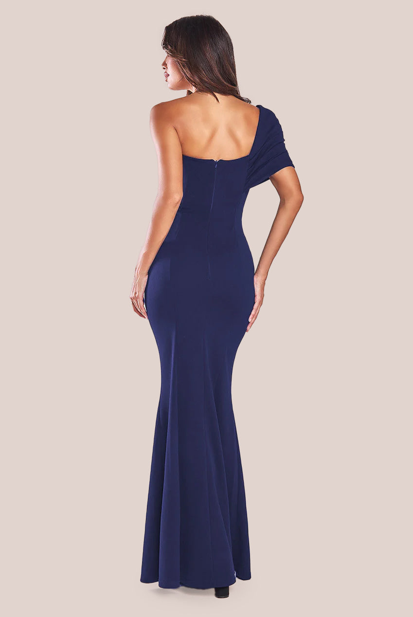 One Shoulder Fan Maxi Dress - Navy DR3405