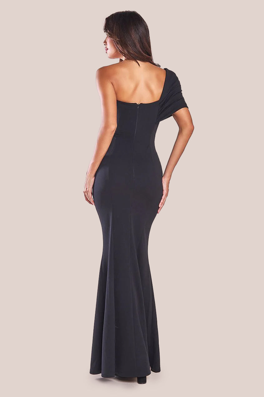 One Shoulder Fan Maxi Dress - Black DR3405