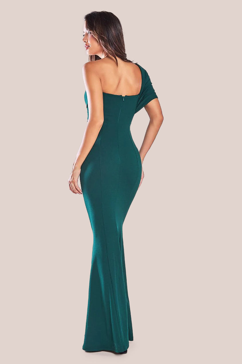 One Shoulder Fan Maxi Dress - Emerald Green DR3405