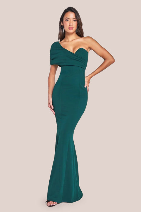 One Shoulder Fan Maxi Dress - Emerald Green DR3405