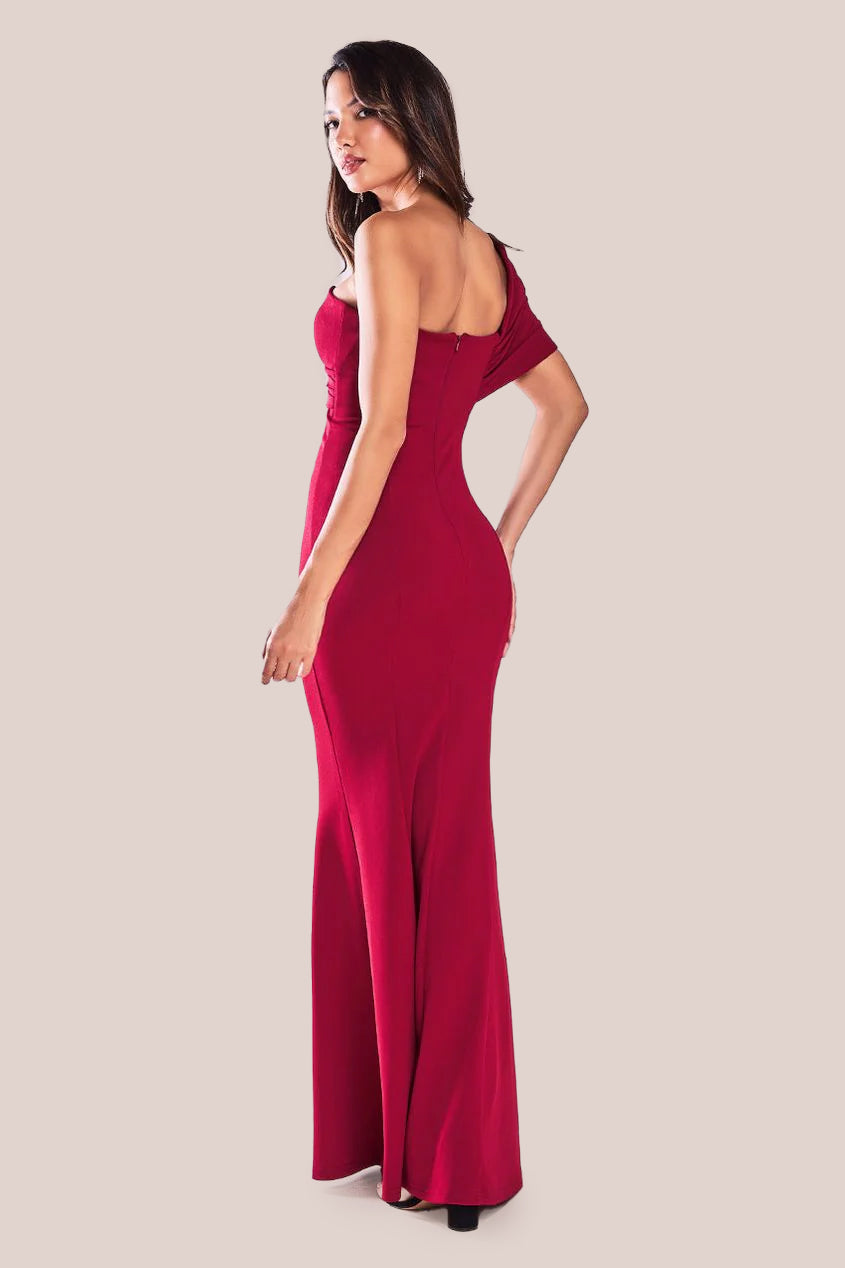 One Shoulder Fan Maxi Dress - Wine DR3405