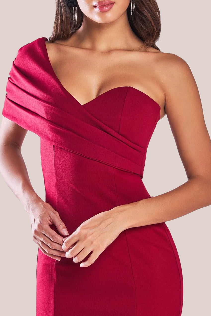 One Shoulder Fan Maxi Dress - Wine DR3405