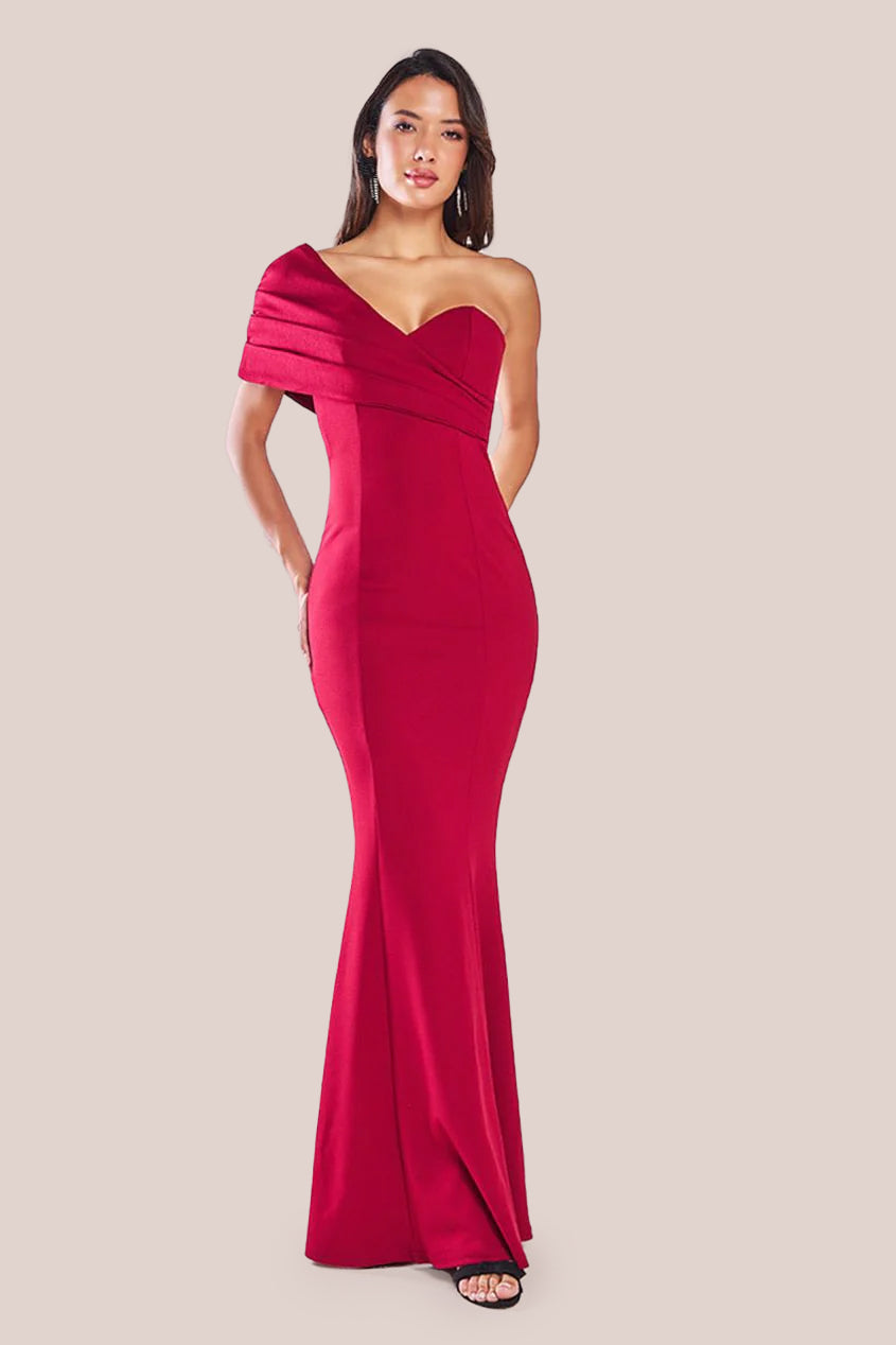 One Shoulder Fan Maxi Dress - Wine DR3405