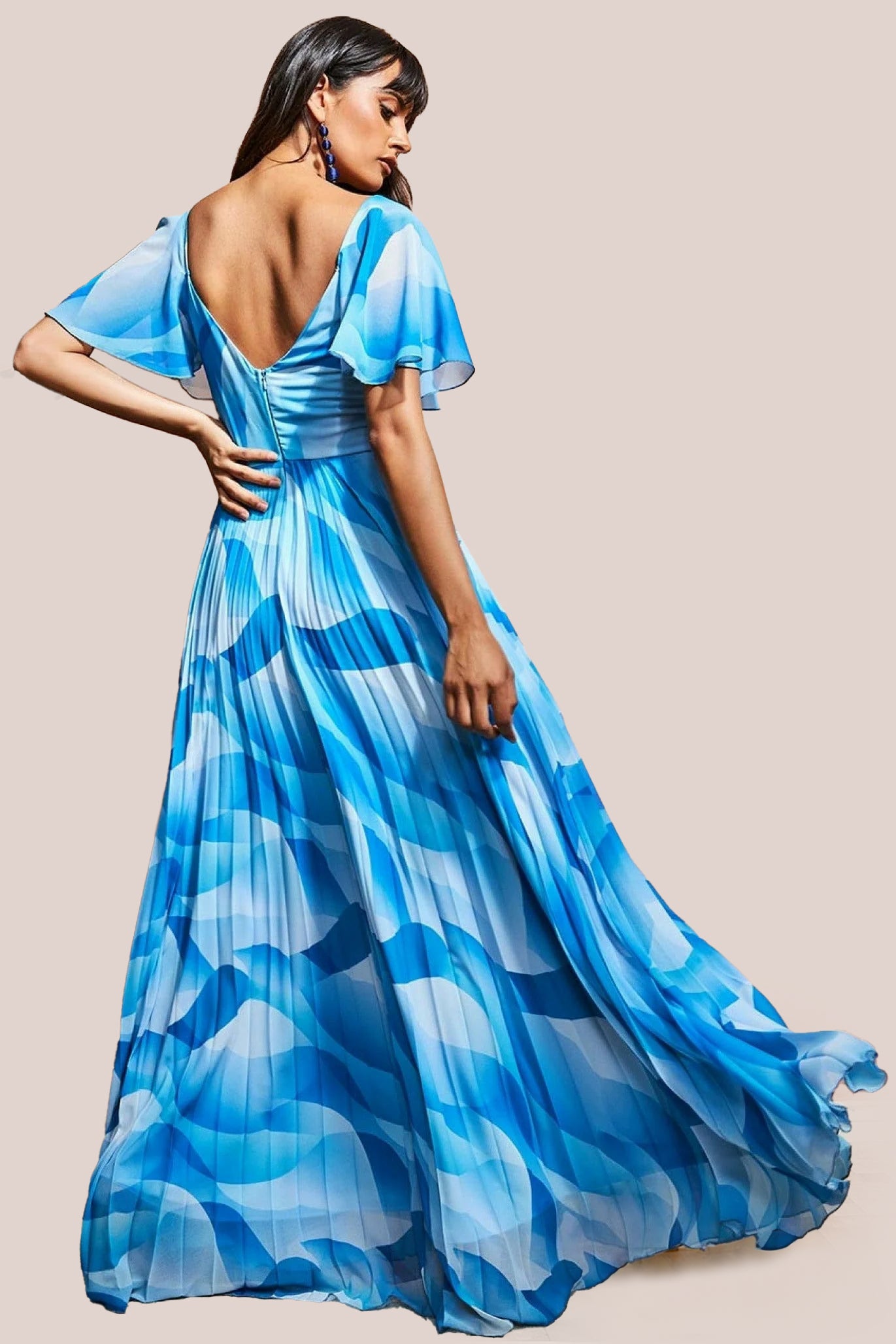 Goddiva Printed Chiffon Pleated Maxi Dress Blue Blue 8