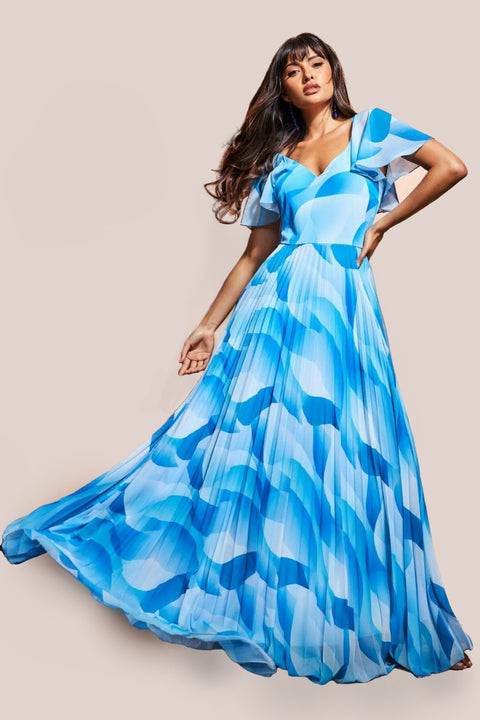 Printed Chiffon Pleated Maxi Dress - Blue DR3416