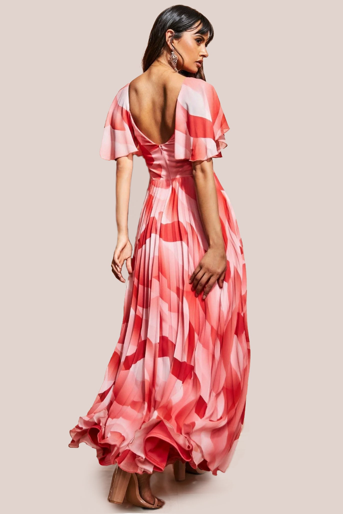 Printed Chiffon Pleated Maxi Dress - Coral DR3416