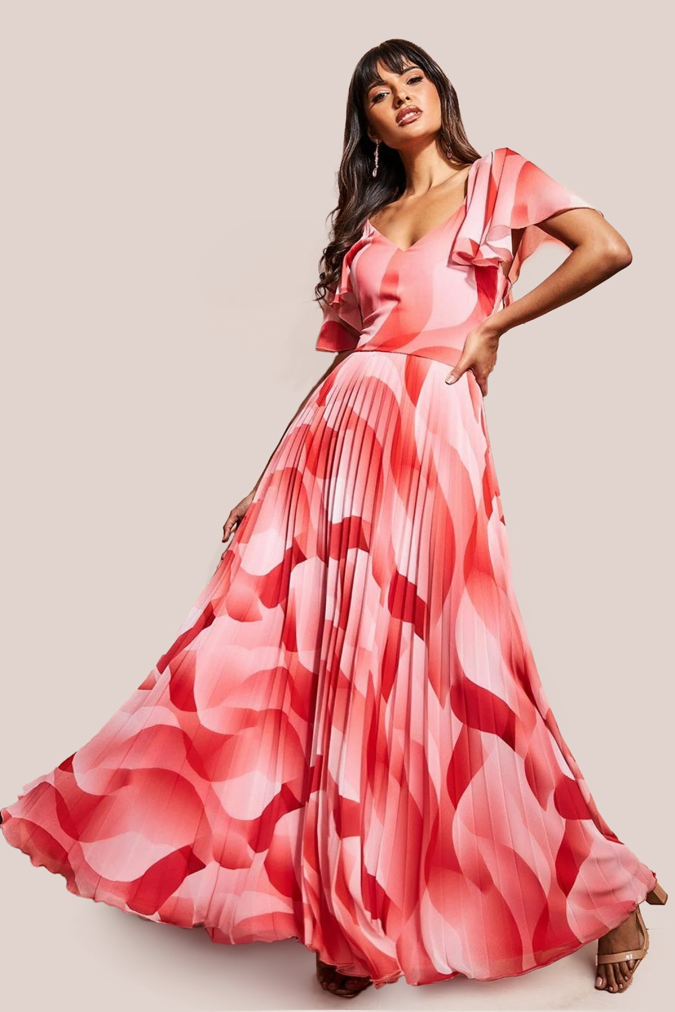 Printed Chiffon Pleated Maxi Dress - Coral DR3416