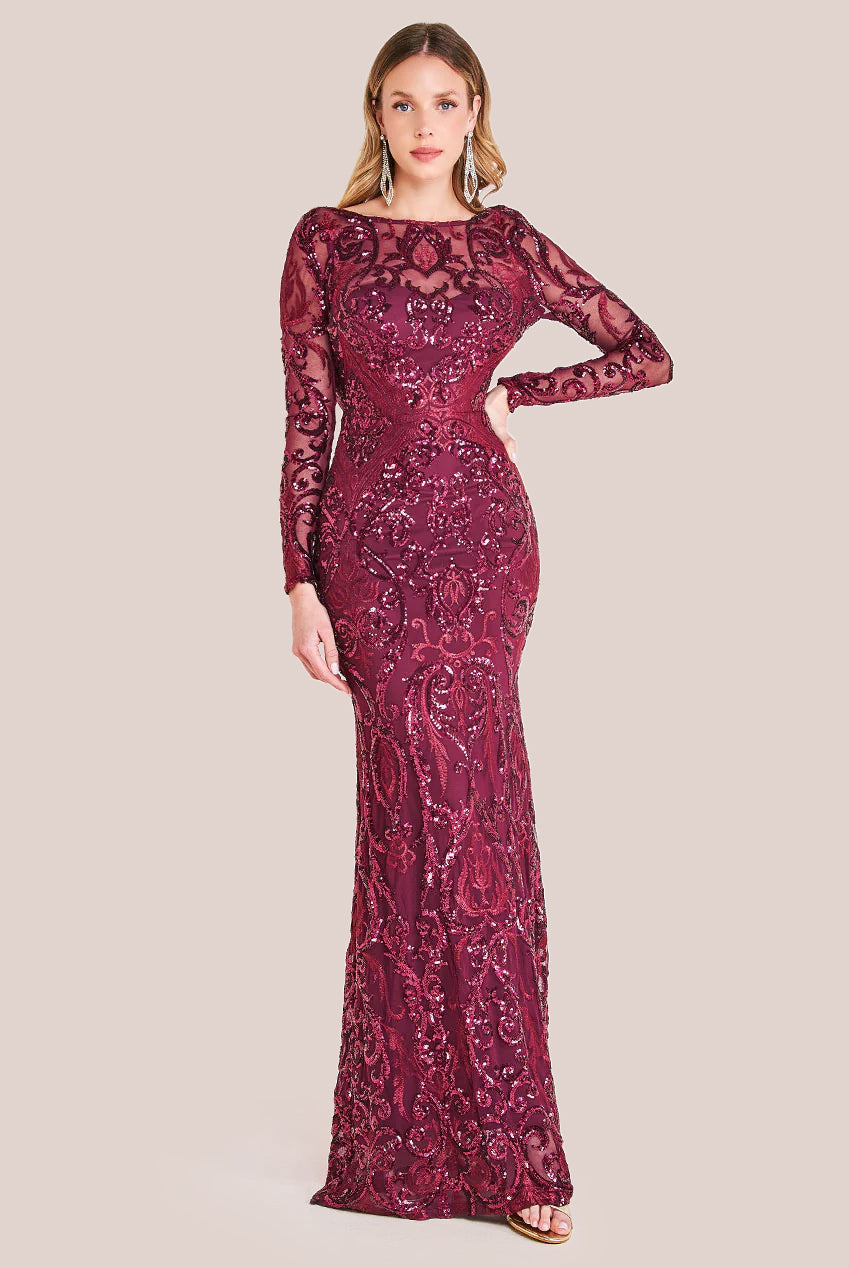 Sequin Cowl Back Maxi -  Burgundy DR3420