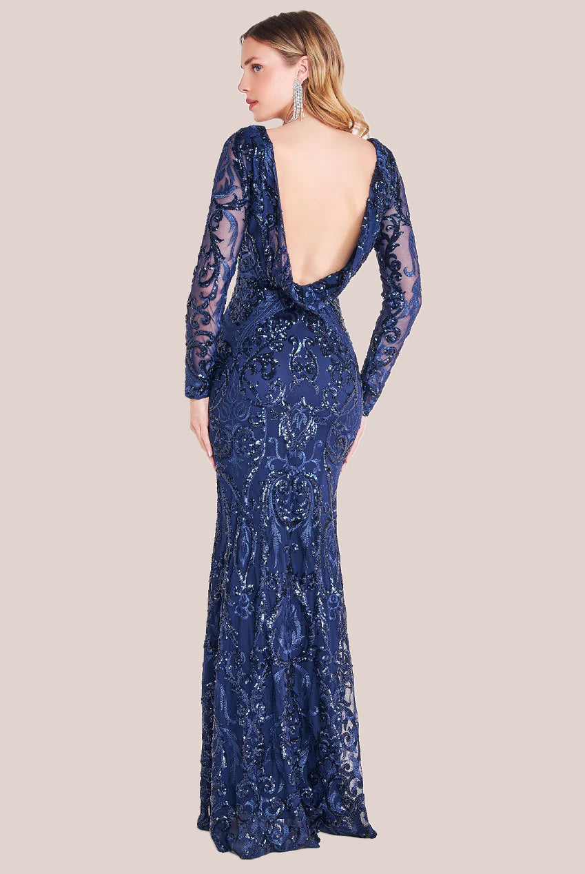 Sequin Cowl Back Maxi -  Navy DR3420