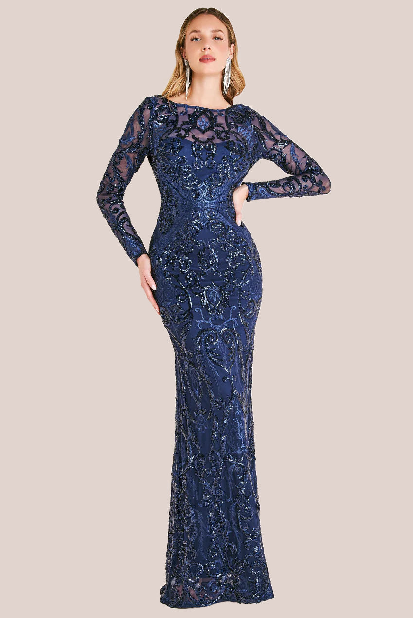 Sequin Cowl Back Maxi -  Navy DR3420