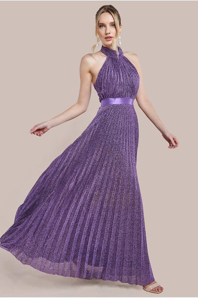 Purple - Lurex Halterneck Pleated Maxi Dress - Purple by Goddiva