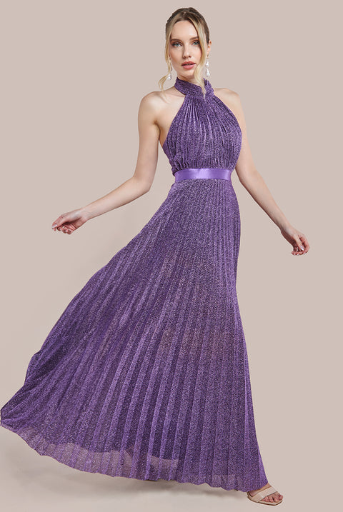 Lurex Halterneck Pleated Maxi Dress - Purple DR3429