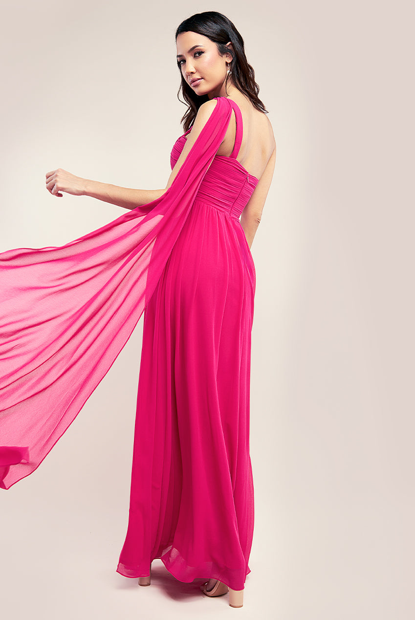 One Shoulder Pleated Chiffon Scarf Maxi - Hot Pink DR3430