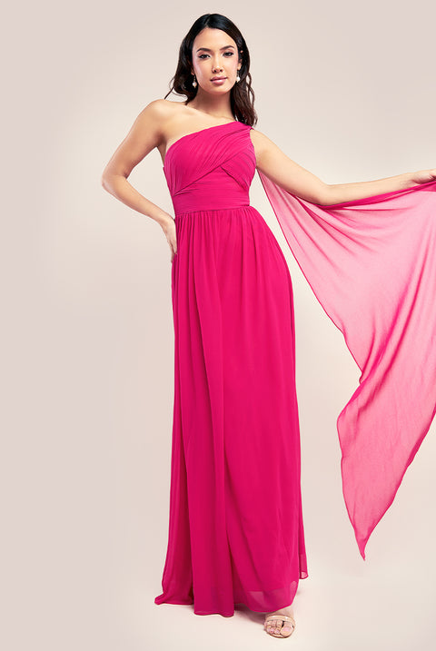 One Shoulder Pleated Chiffon Scarf Maxi - Magenta DR3430