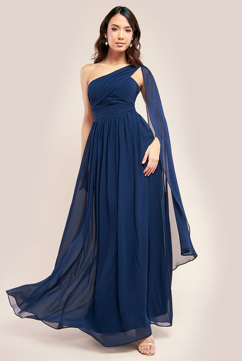 One Shoulder Pleated Chiffon Scarf Maxi - Navy by Goddiva