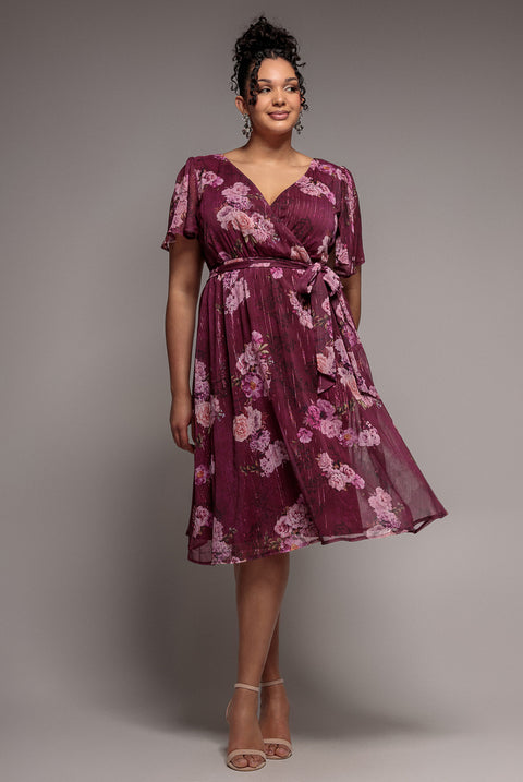 Floral Print Wrap Chiffon Midi Dress - Berry Floral by Goddiva Plus