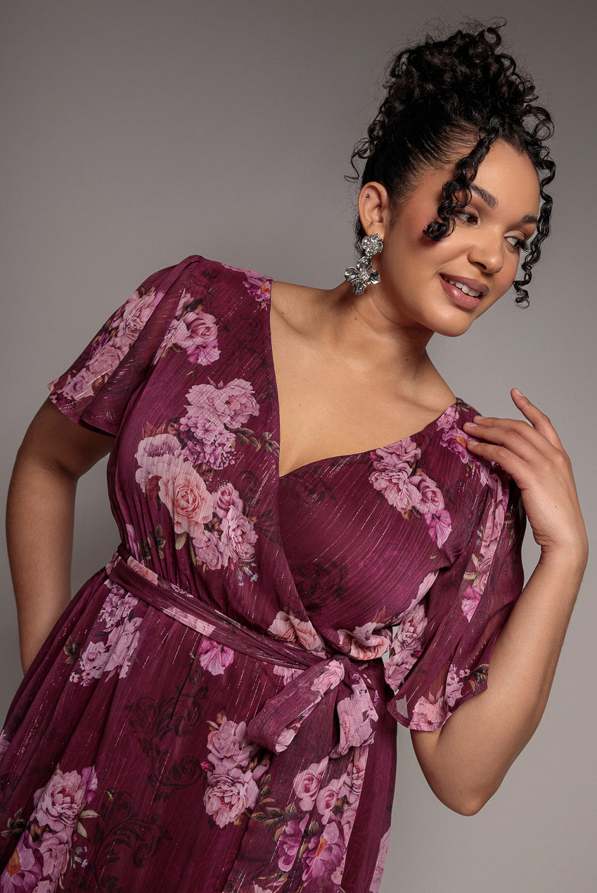Floral Print Wrap Chiffon Midi Dress - Berry Floral DR3435PQZ