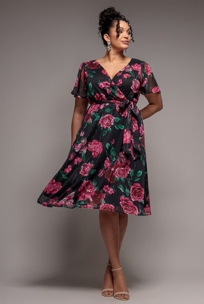 Black Floral - Floral Print Wrap Chiffon Midi Dress - Black Floral by Goddiva Plus