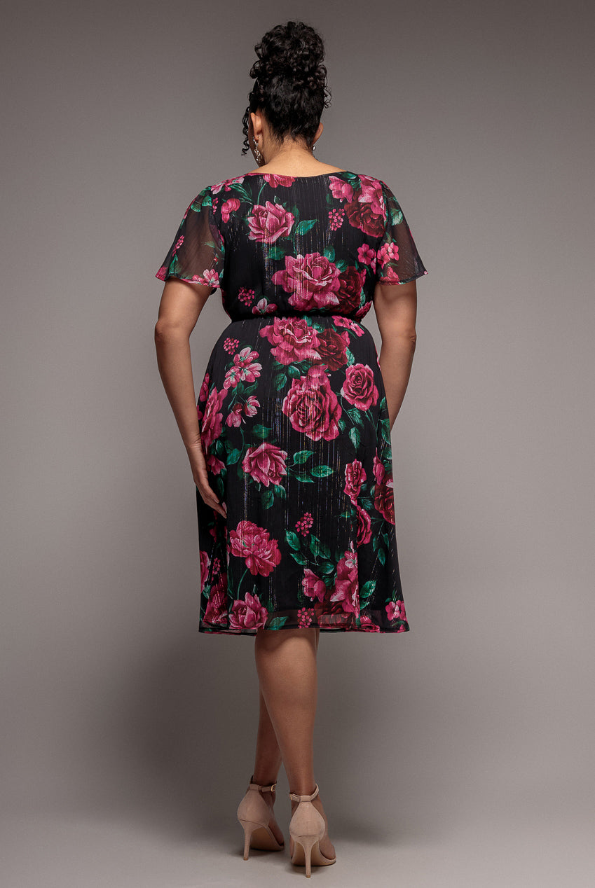 white christmas dresses Floral Print Wrap Chiffon Midi Dress - Black Floral