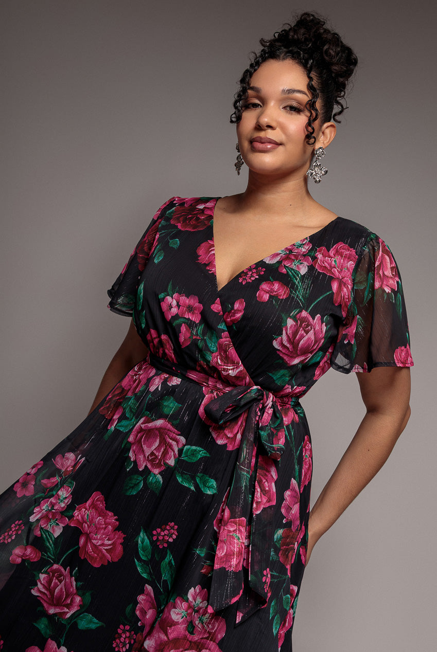 white christmas dresses Floral Print Wrap Chiffon Midi Dress - Black Floral