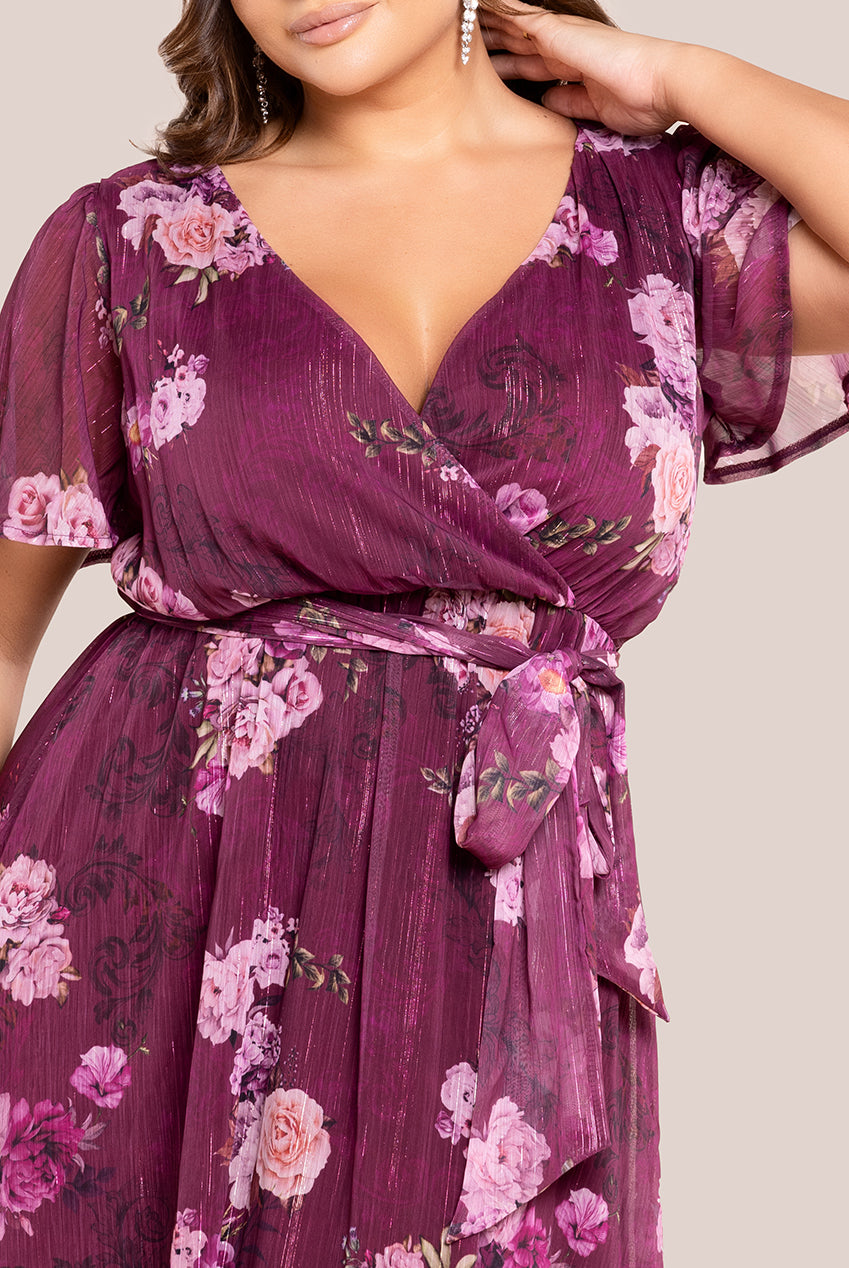 Floral Print Wrap Chiffon Midi Dress - Berry Floral DR3435PQZ