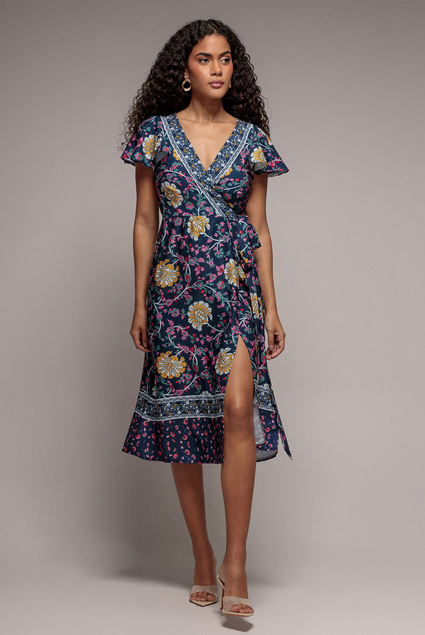 Floral Print Wrap Midi With Flutter Sleeves - Navy Print DR3440