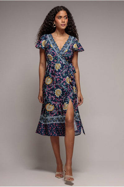 Navy Print - Floral Print Wrap Midi With Flutter Sleeves - Navy Print by Goddiva