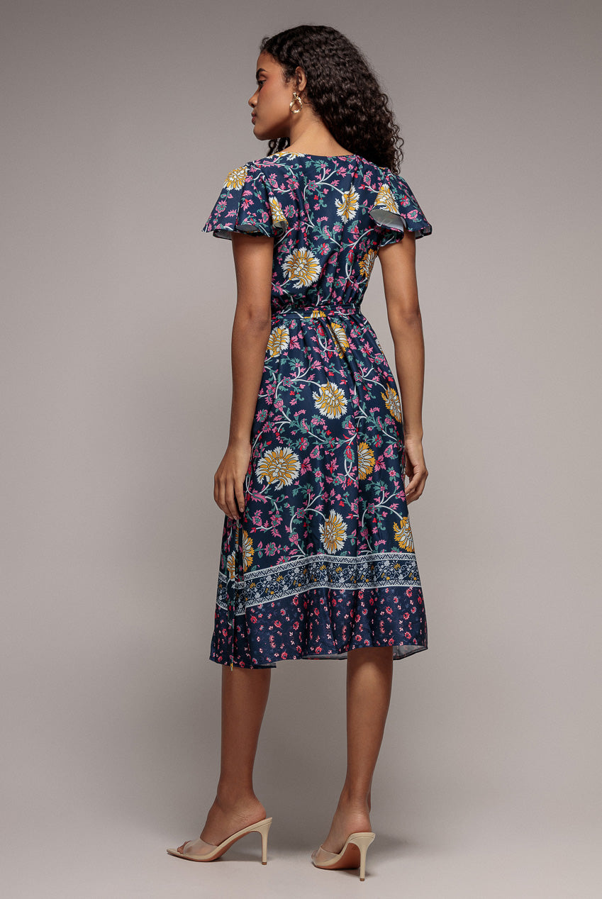 Floral Print Wrap Midi With Flutter Sleeves - Navy Print DR3440