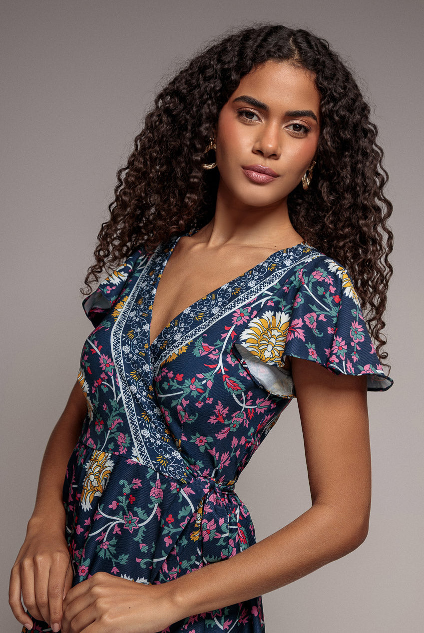 Floral Print Wrap Midi With Flutter Sleeves - Navy Print DR3440