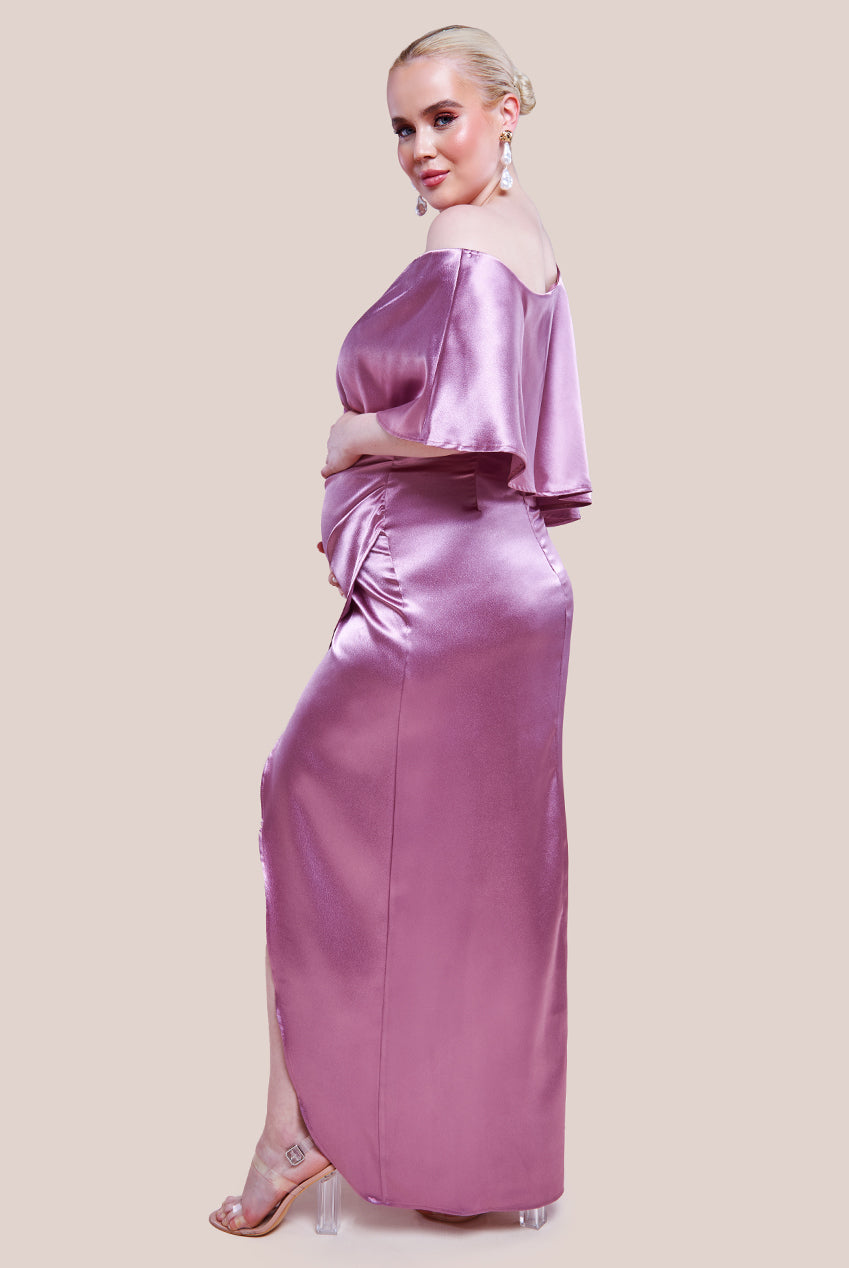 Maternity Satin Drape Shoulder Wrap Maxi Dress - Blush DR3450MAT