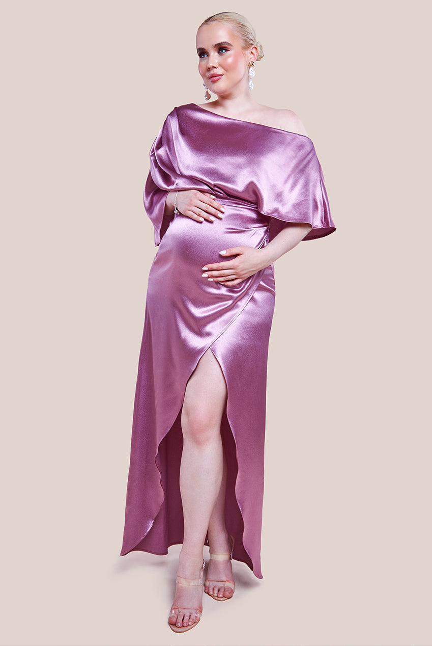 Maternity Satin Drape Shoulder Wrap Maxi Dress - Blush DR3450MAT