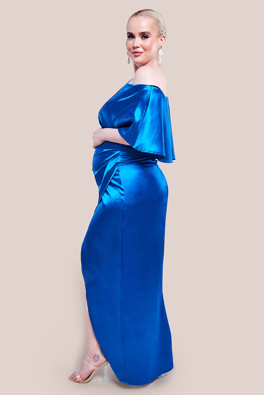 Maternity Satin Drape Shoulder Wrap Maxi Dress - Royal Blue DR3450MAT