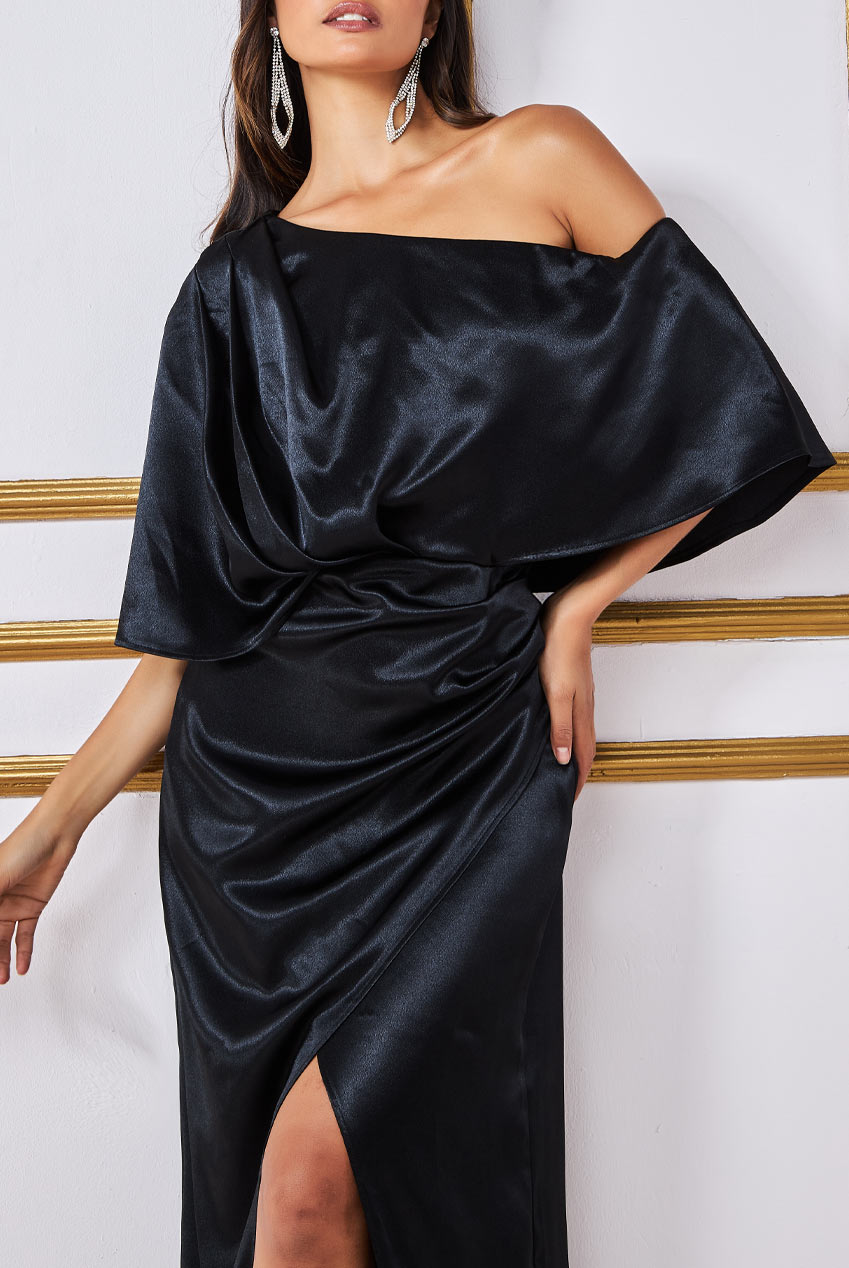 Satin Drape Shoulder Wrap Maxi Dress - Black DR3450